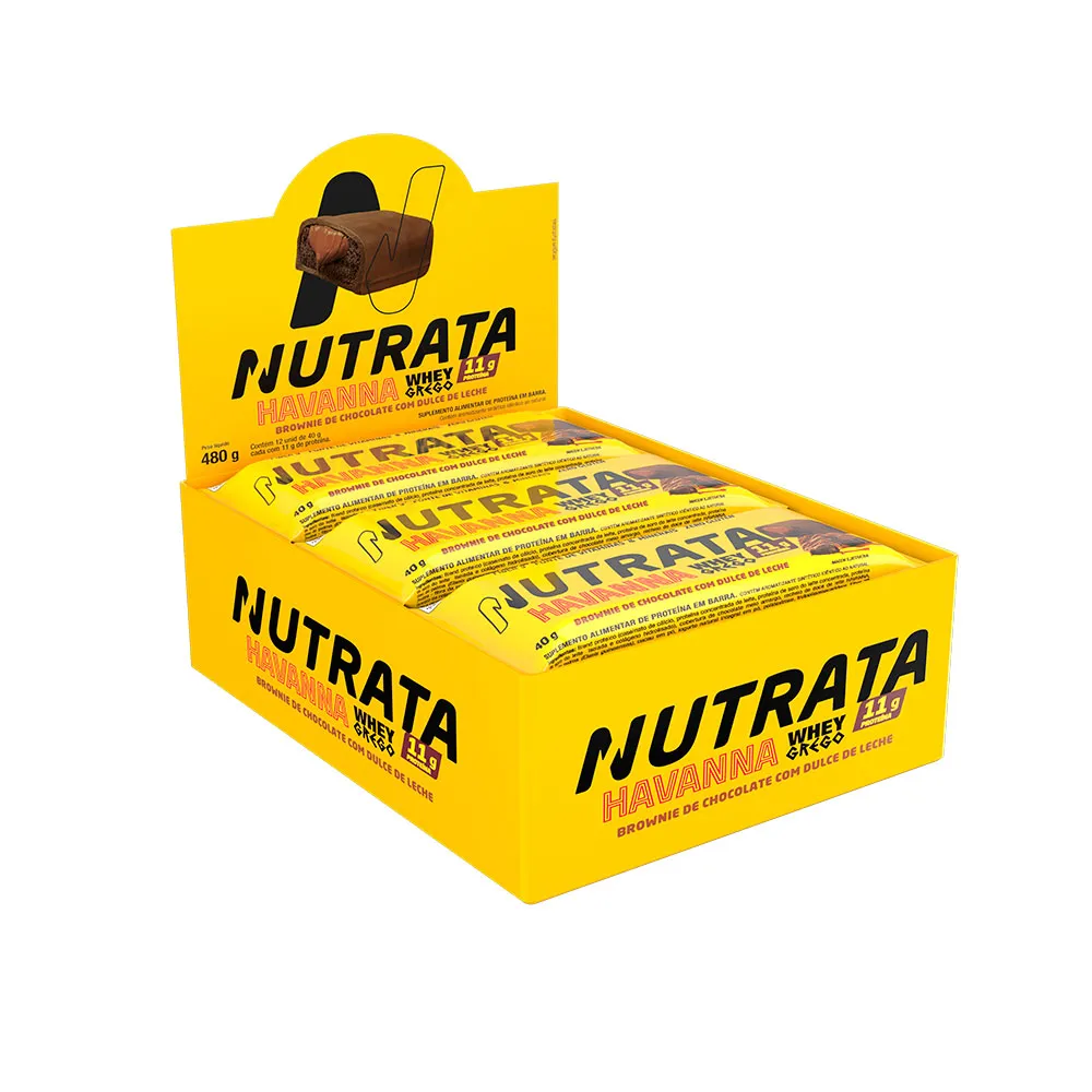 Whey Grego Bar Brownie de Chocolate com Dulce de Leche Havanna Display Nutrata 12 Unidades