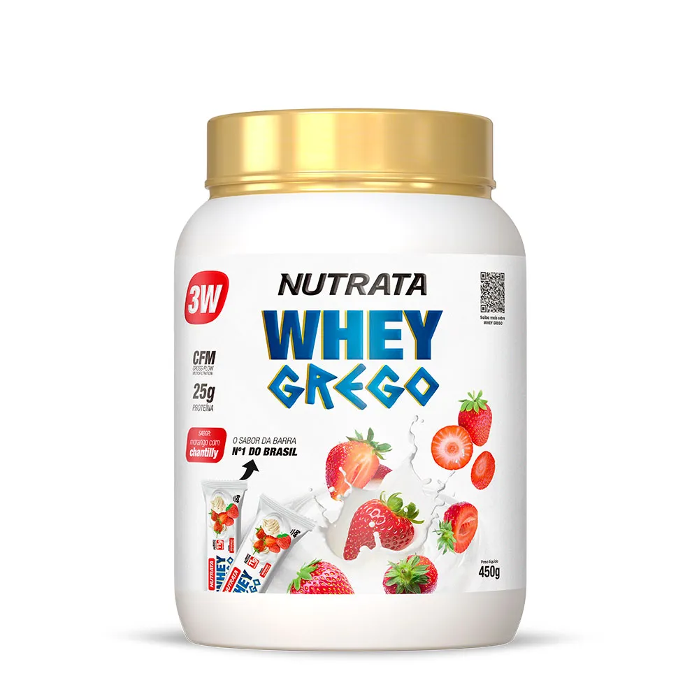 Whey 3W Grego Morango Chantilly Nutrata 450 g Pote