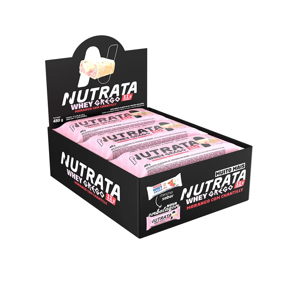 Whey Grego Bar Morango com Chantilly Nutrata 12 Unidades