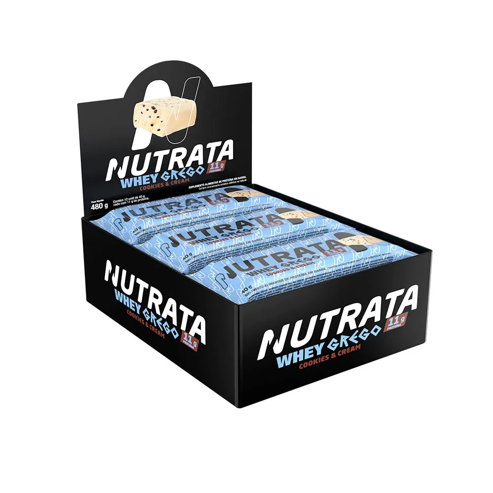 Whey Grego Bar Sabor Cookies & Cream Nutrata Display 12 Unidades