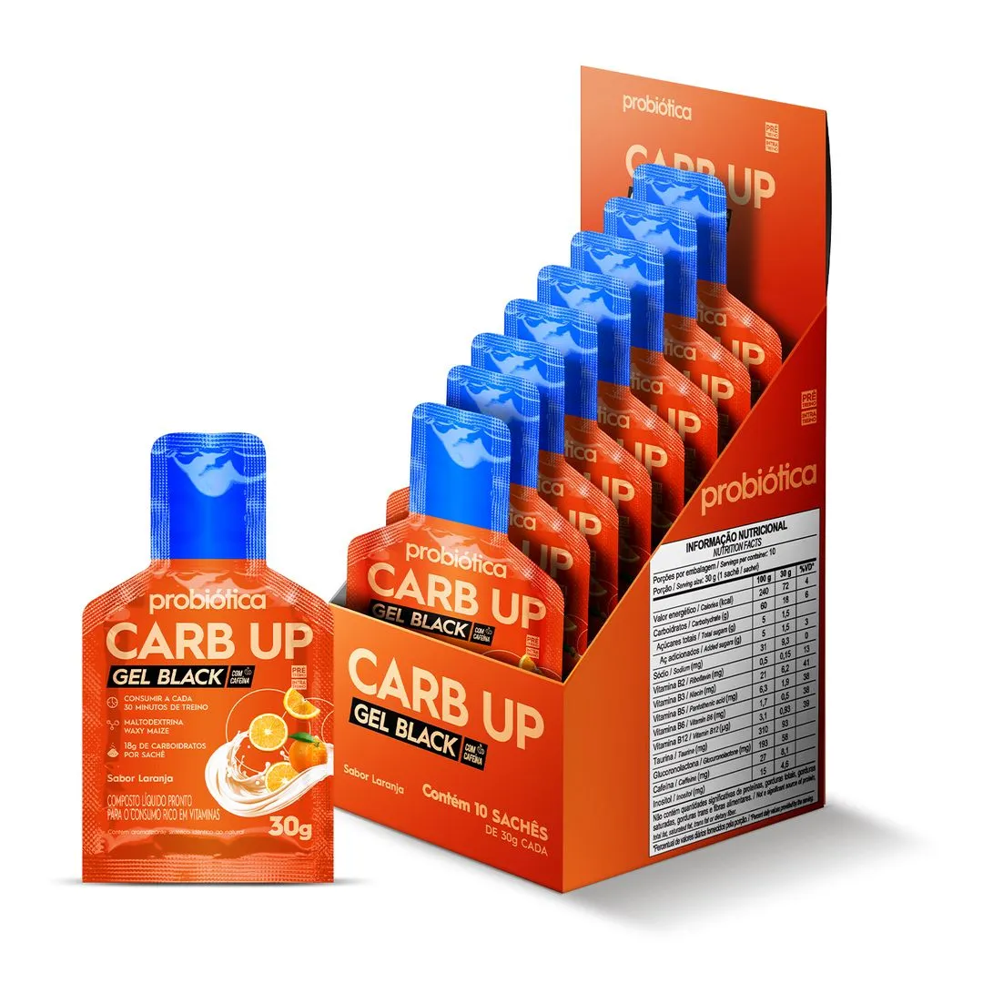 Carb Up Gel Black Probiótica Sabor Laranja Display 10 Sachês