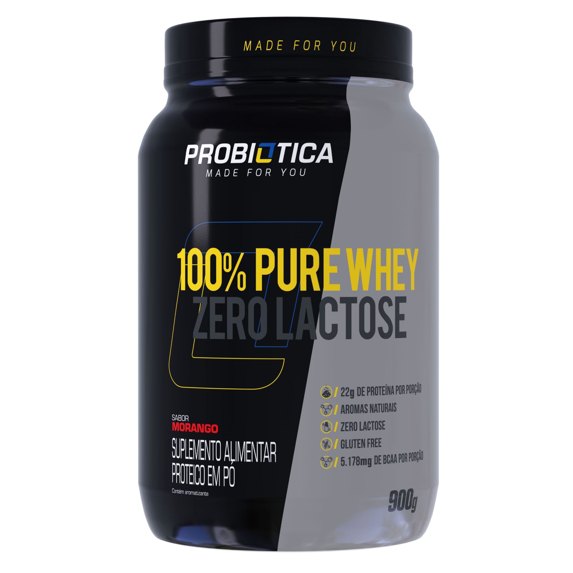100% Pure Whey Zero Lactose Morango Probiótica 900 g Pote