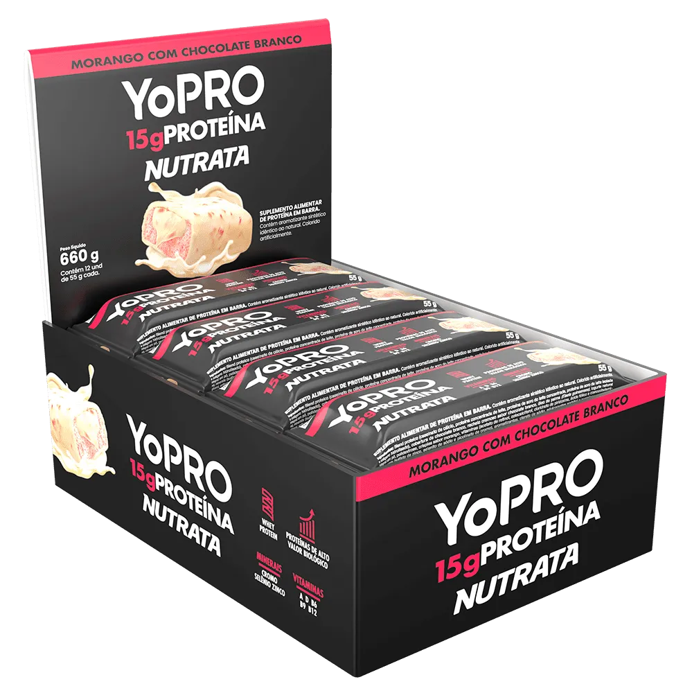 Barra YoPro Sabor Morango com Chocolate Branco Display Nutrata 12 Unidades