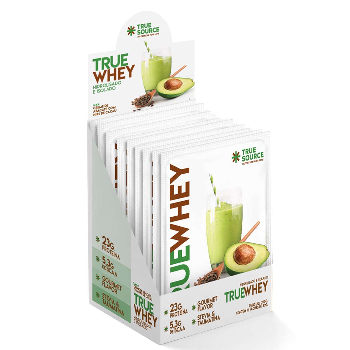 True Whey Protein Creme de Abacate com Nibs de Cacau Display 10 Sachês 32g True Source