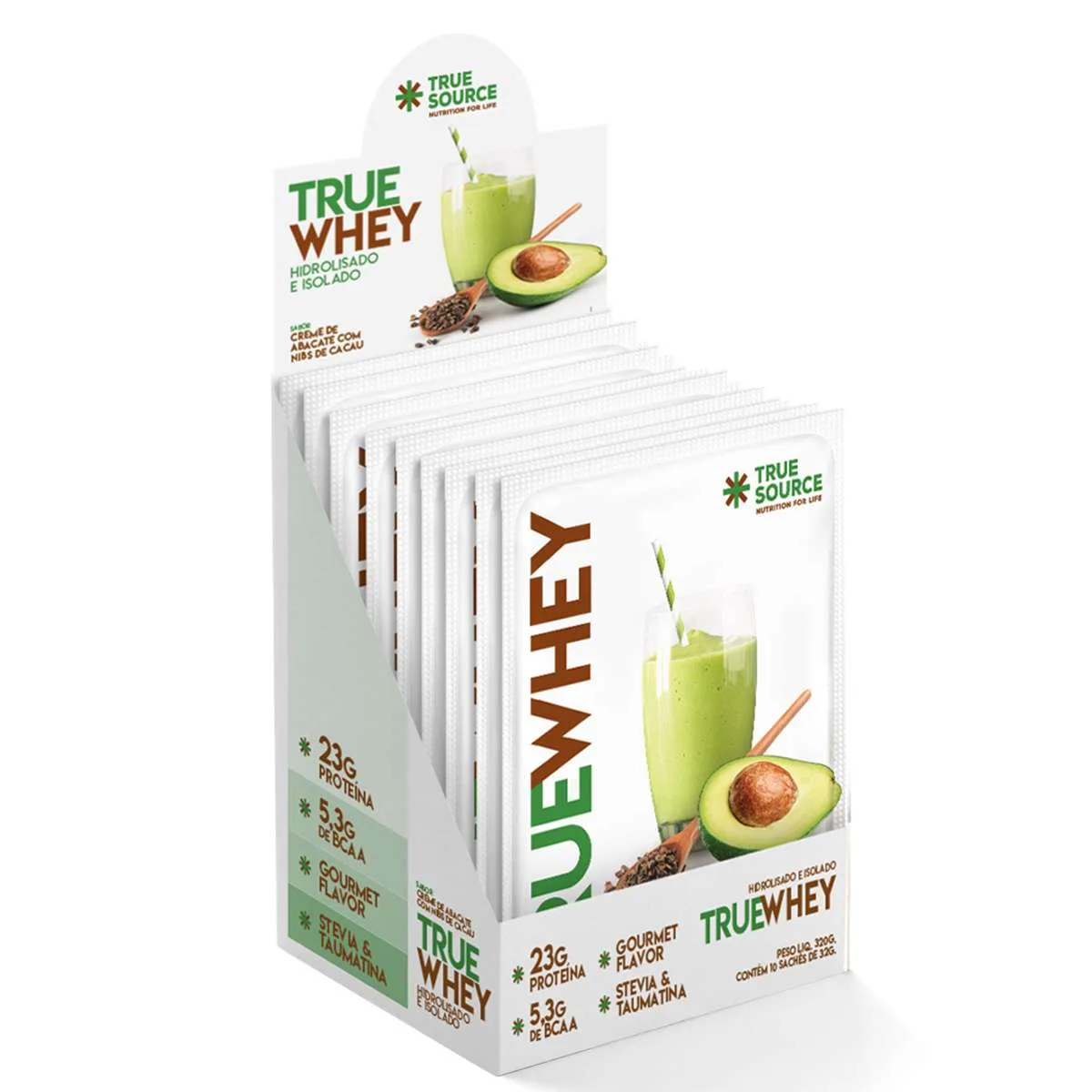 True Whey Protein Creme de Abacate com Nibs de Cacau Display 10 Sachês 32g True Source