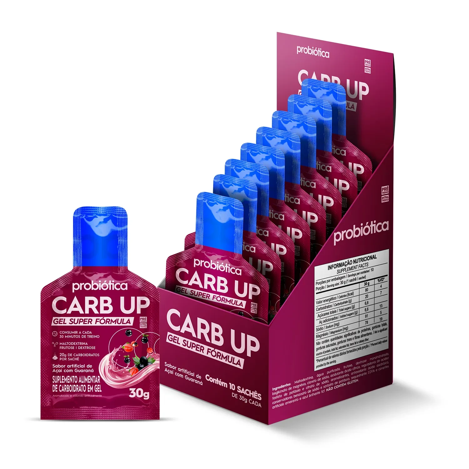 Carb Up Gel Super Fórmula Açaí com Guaraná Probiótica Display 10 Sachês